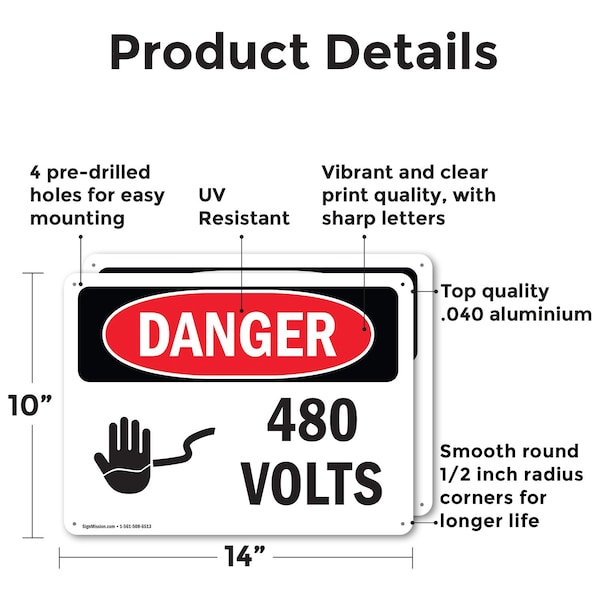 480 Volts Danger Sign, Aluminum, 14in W X 10in L, 2PK